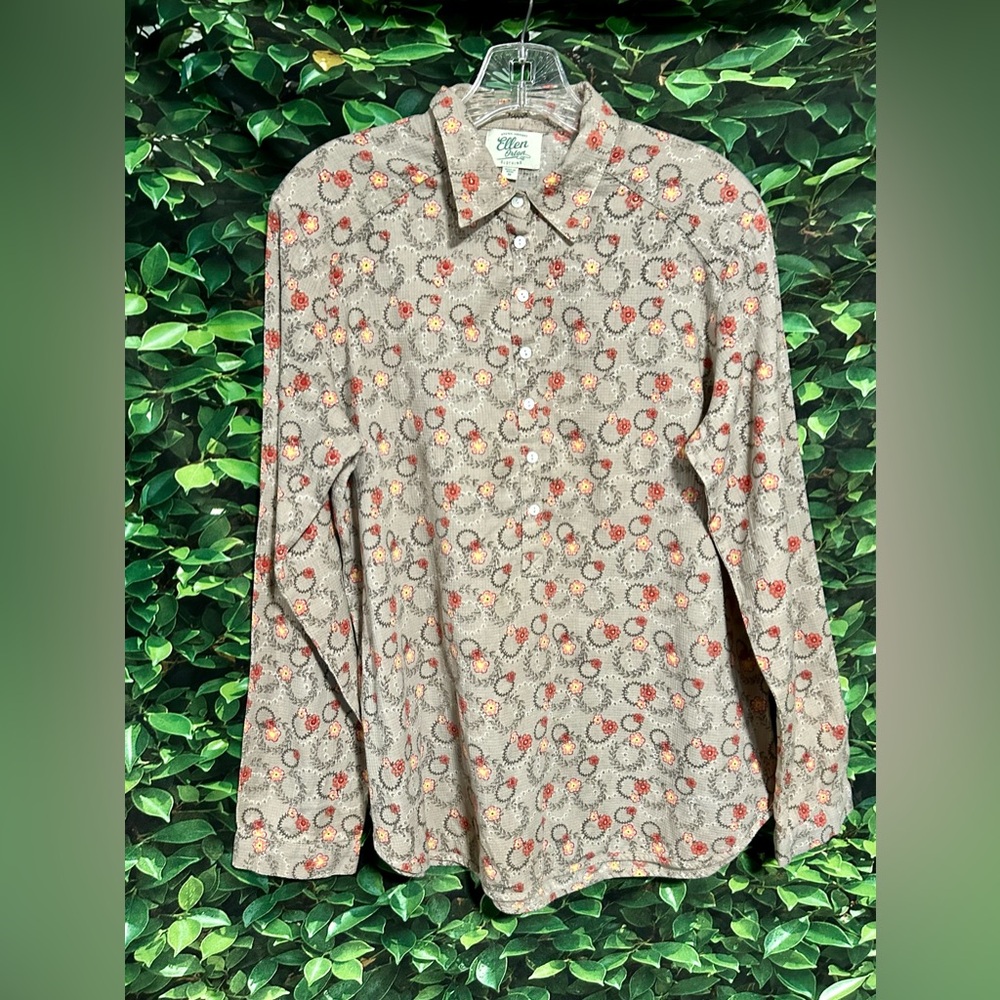 Ellen Orton 3/4 Button Down Shirt Gray Red Floral Women’s Medium